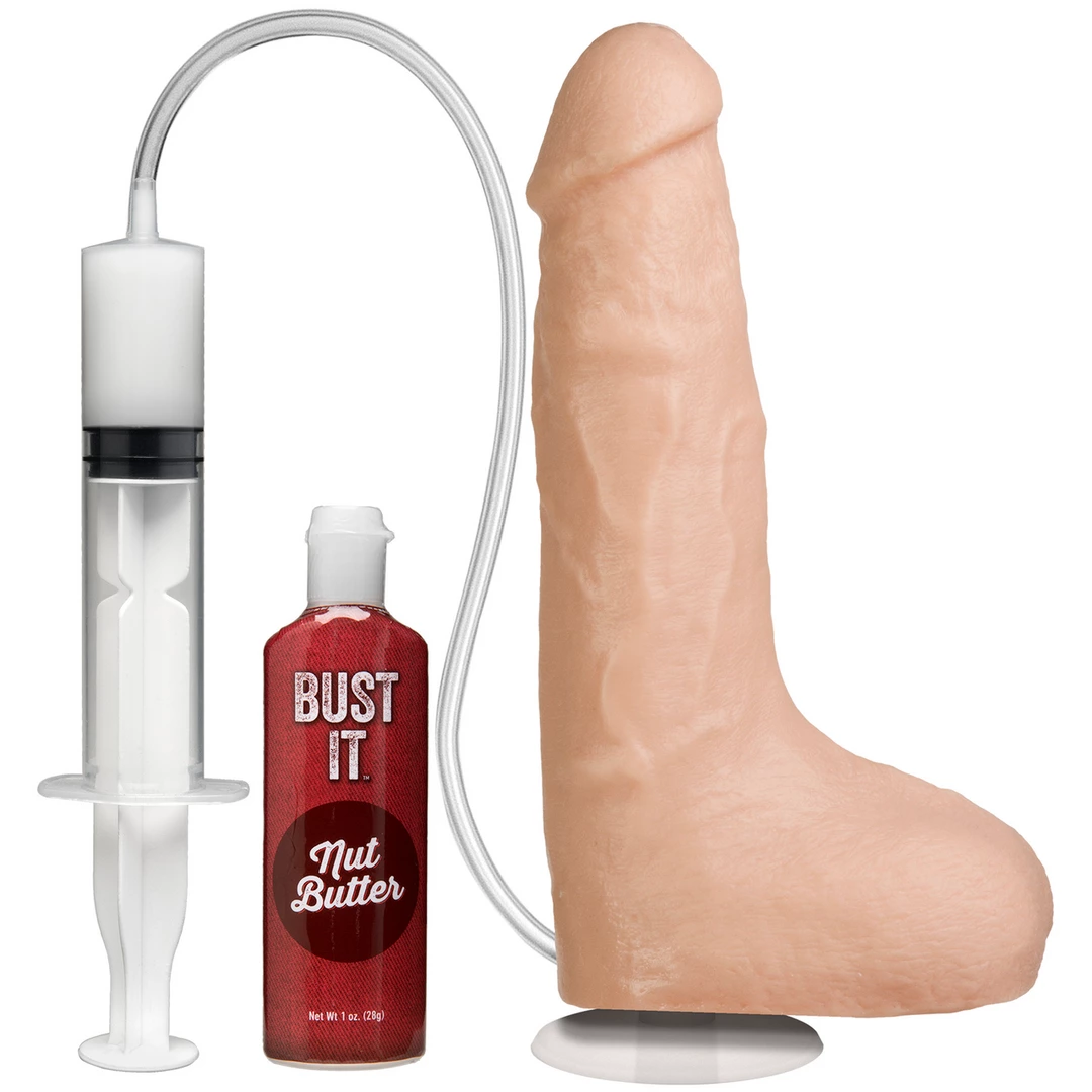 Realistyczne dildo tryskające do masturbacji wykonane z beżowego silikonu z przyssawką i jądrami Doc Johnson 21 cm 