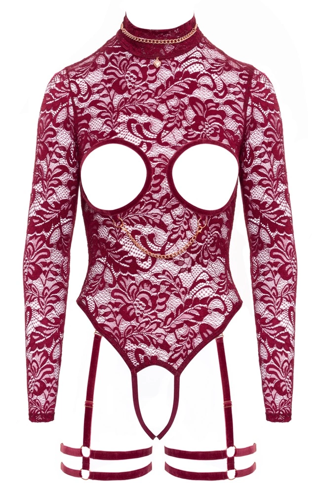 Abierta Fina Body z Koronką i Ozdobnymi Łańcuszkami, czerwone S