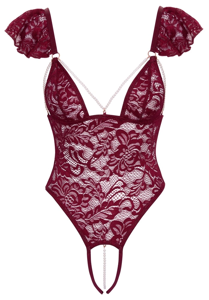Cottelli Lingerie Body Pearls S koronkowe z detalami perłowymi bordo