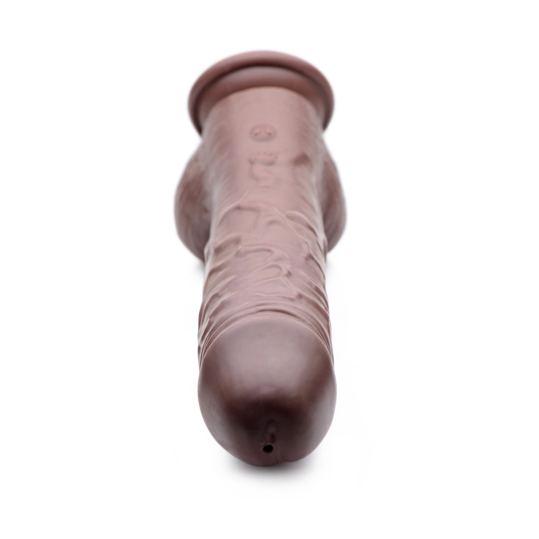 Realistyczne zakrzywione dildo tryskające do masturbacji wykonane z brązowego silikonu z przyssawką i jądrami 21 cm