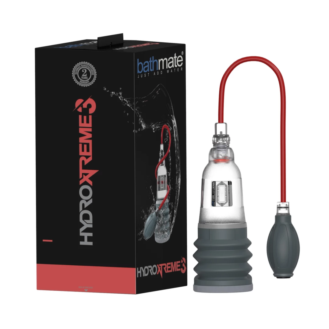 Pompka powiększająca penisa wykonana z szarego silikonu i przezroczystego plastiku Bathmate HydroXtreme3 