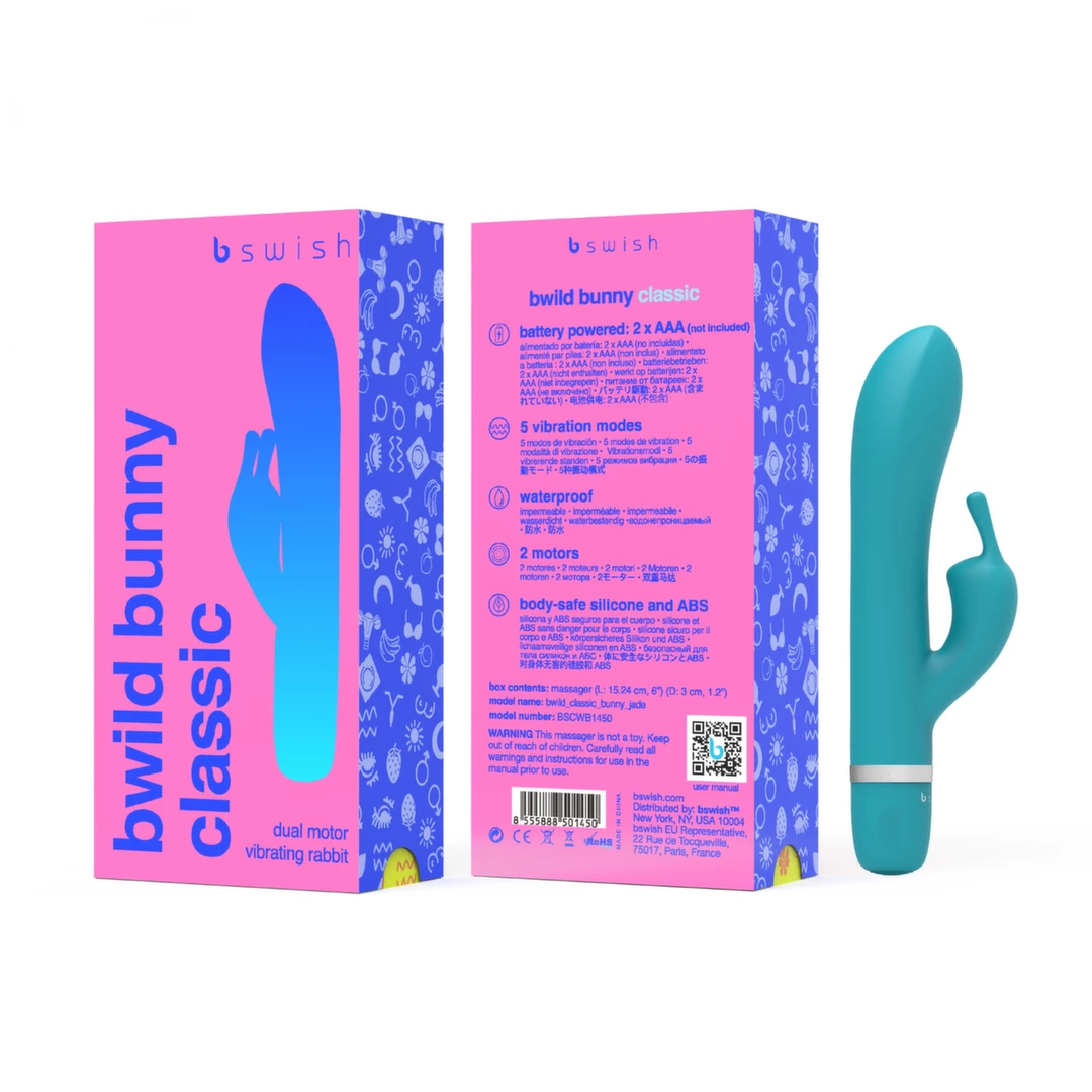 Turkusowy silikonowy wibrator do masturbacji łechtaczki i punktu G w kształcie królika B Swish bwild Classic Bunny 