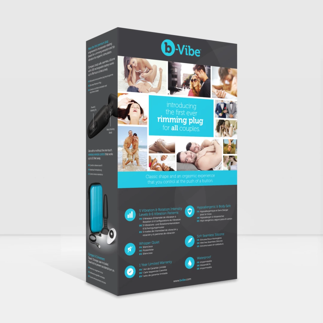 Plug analny wykonany z czarnego silikonu z pilotem zdalnego sterowania B-Vibe Rimming Plug