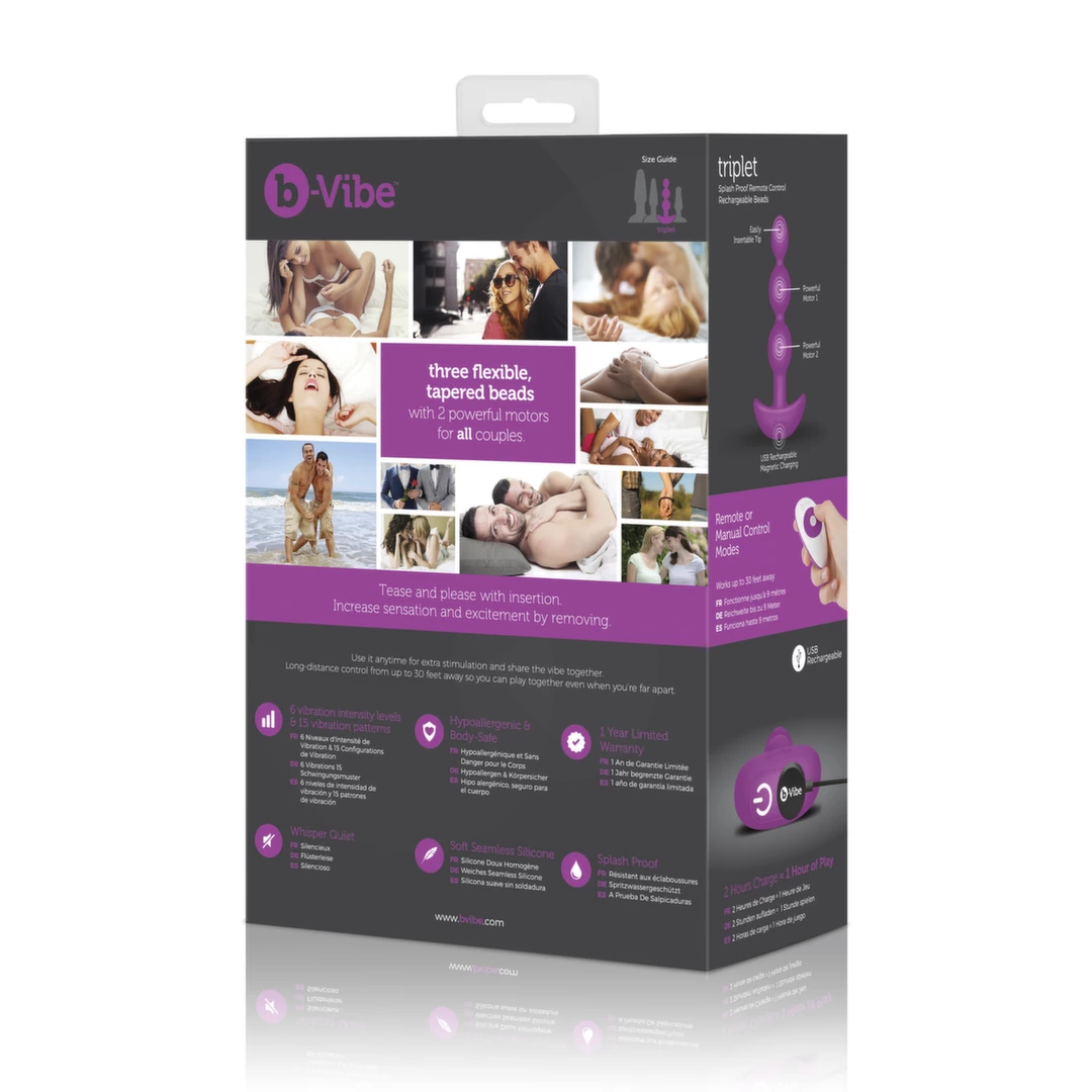 Koraliki analne wibrujące wykonane z silikonu w kolorze fuksji B-Vibe Triplet Fuchsia