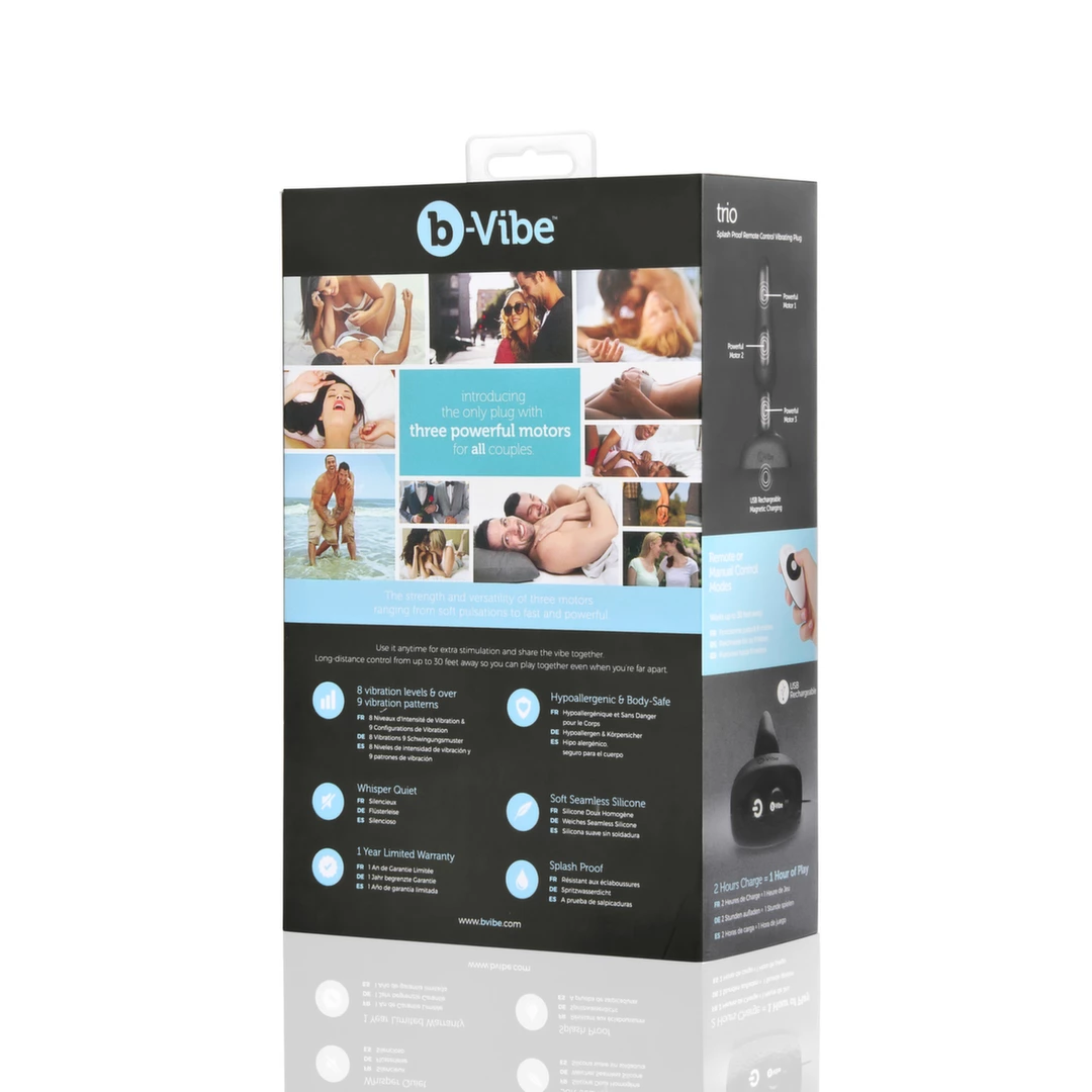 Plug analny wykonany z czarnego silikonu z pilotem zdalnego sterowania B-Vibe Trio Plug 