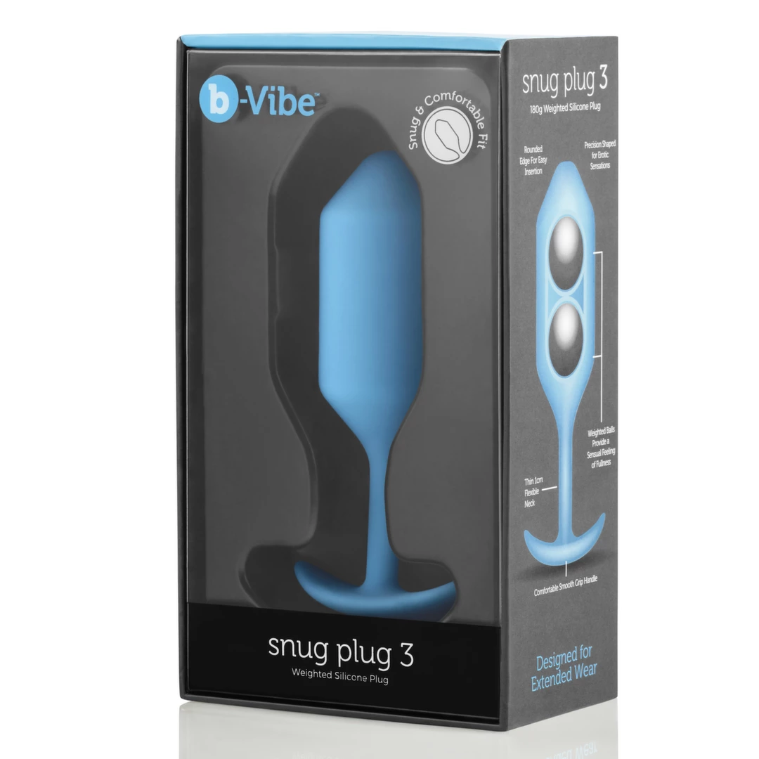 Korek analny długi wykonany z silikonu w kolorze jasnoniebieskim B-Vibe Snug Plug 3 