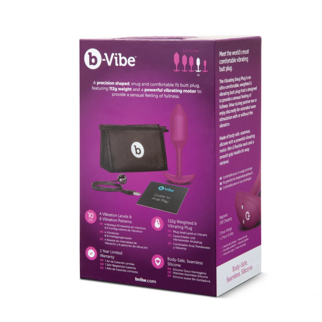 Korek analny wibrujący wykonany z silikonu w kolorze fuksji B-Vibe Vibrating Snug 