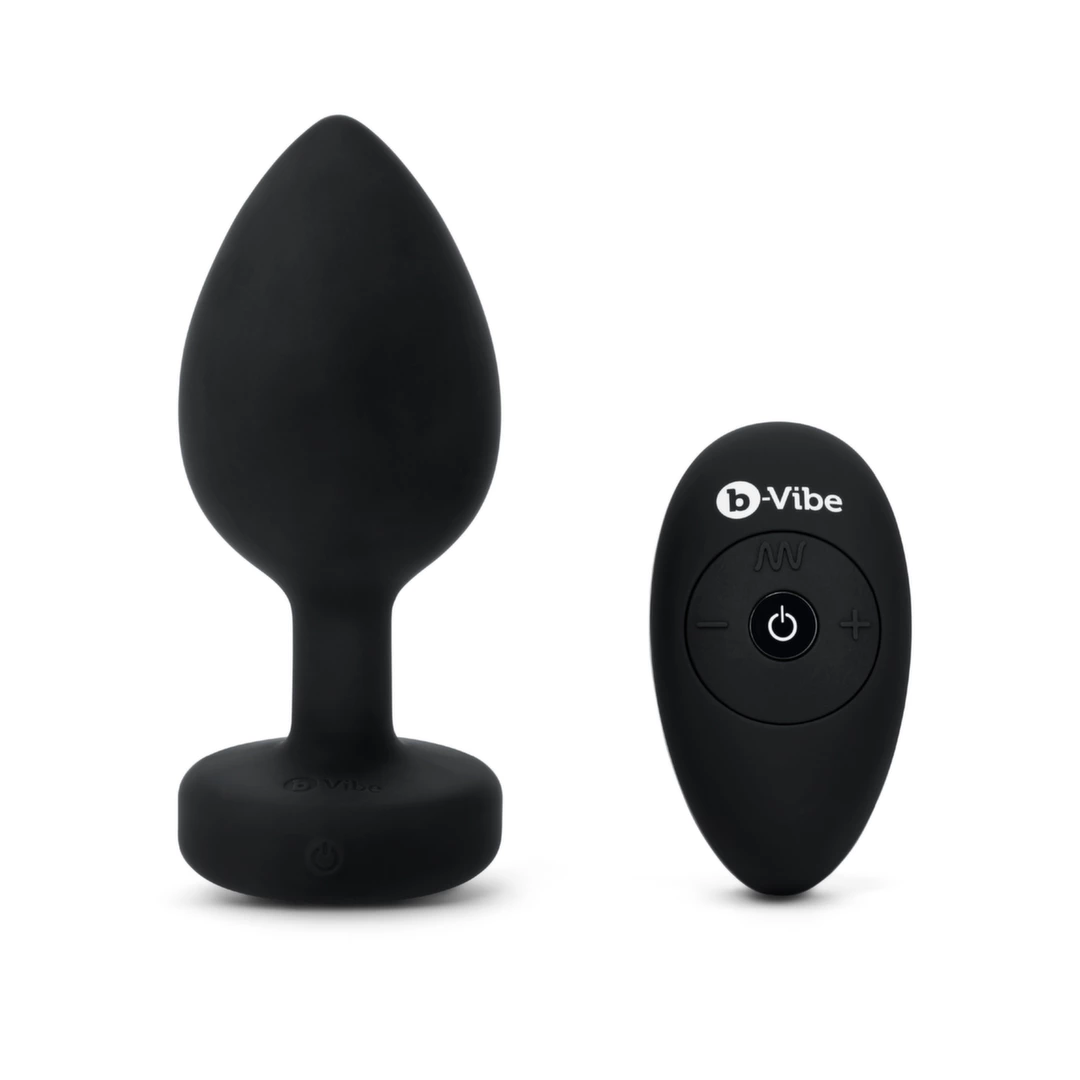 Plug analny wykonany z czarnego silikonu z pilotem zdalnego sterowania XXL B-Vibe Vibrating Jewel
