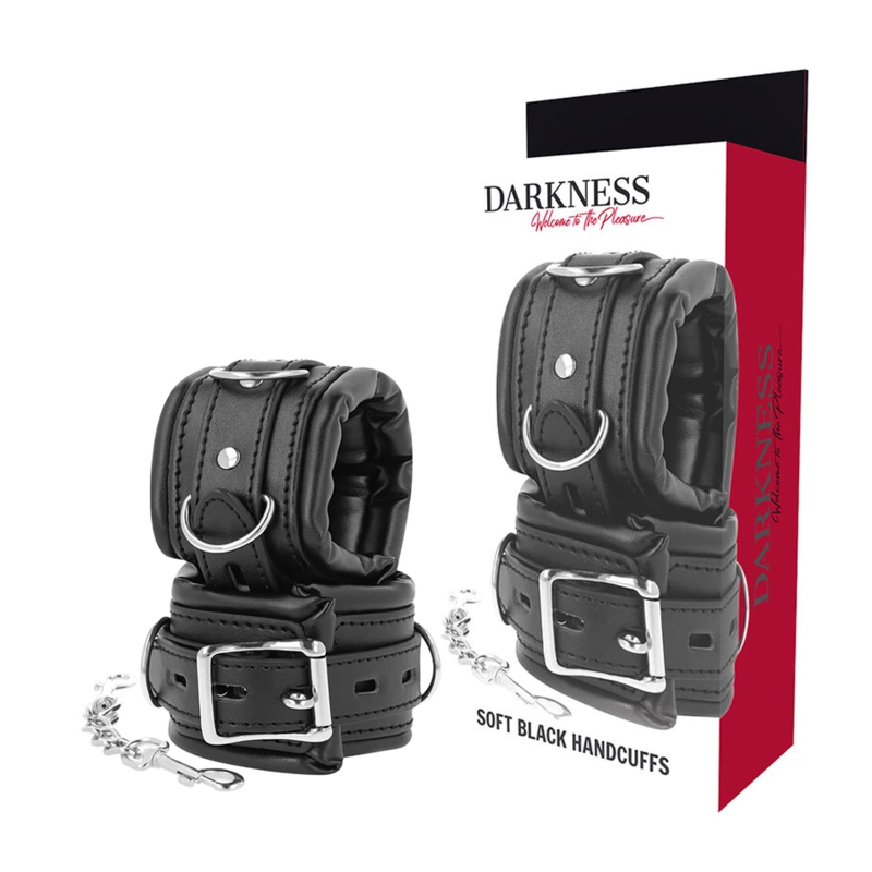 Darkness Kajdanki Bondage PU Skora Metal Wyściełane 20cm Czarne