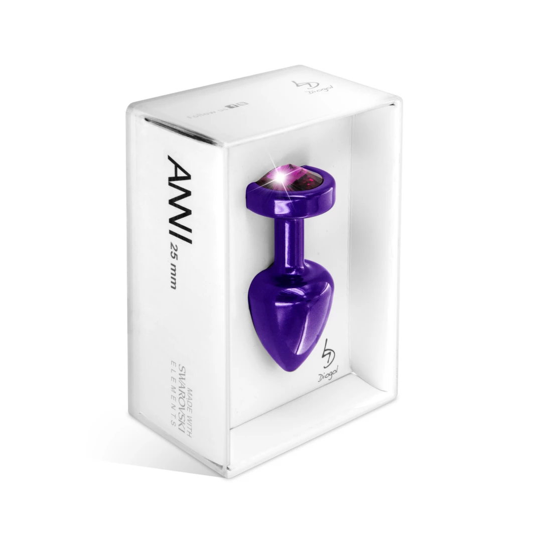 Korek analny z fioletowego aluminium z czerwonym kryształem Diogol Anni Round 25 mm