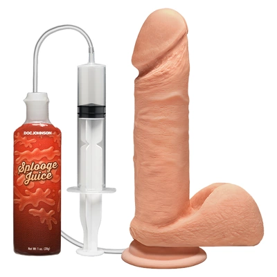 Realistyczne tryskające dildo do masturbacji wykonane z beżowego silikonu z jądrami i przyssawką Doc Johnson Perfect 18 cm