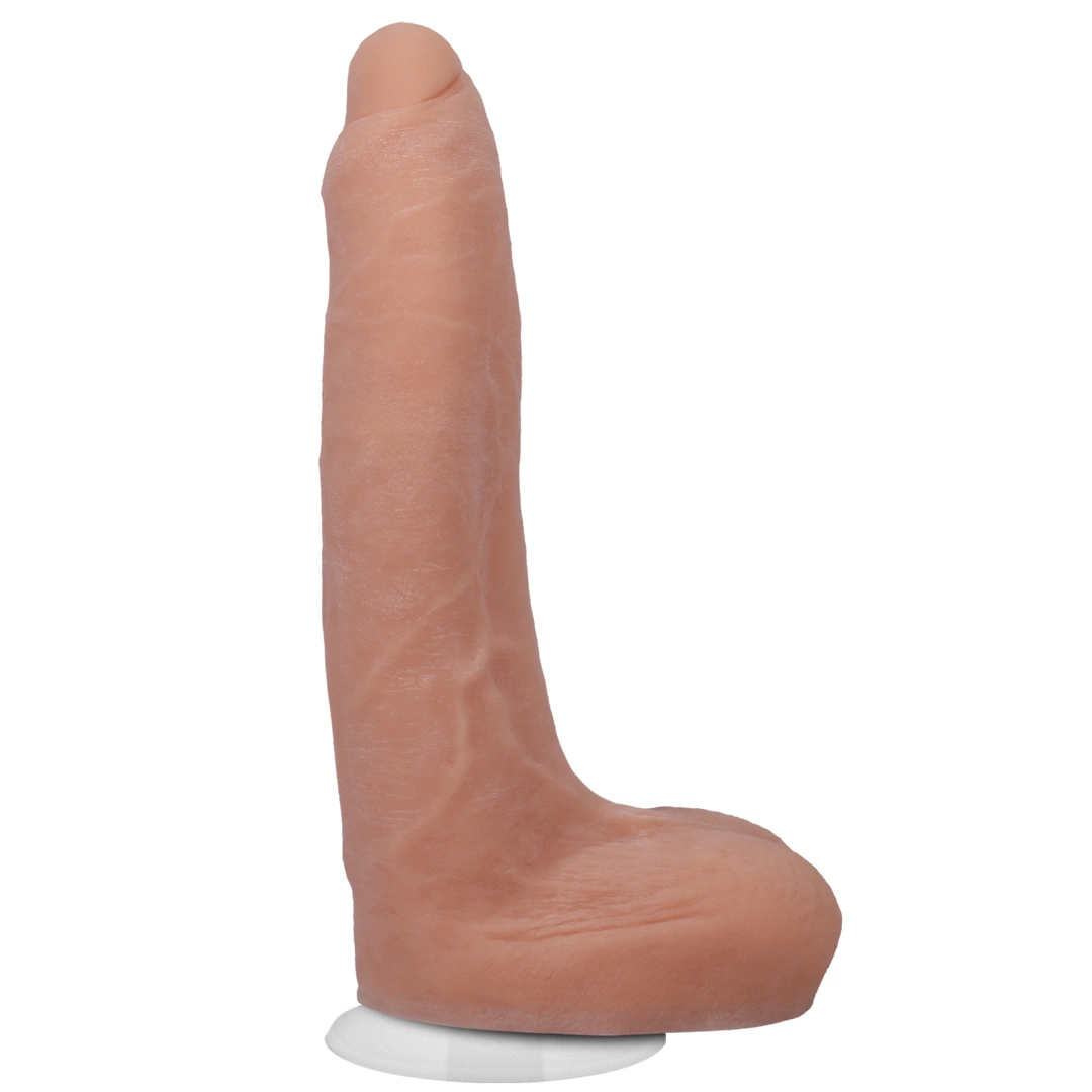 Realistyczne zakrzywione dildo do masturbacji wykonane z beżowego silikonu z jądrami i przyssawką Doc Johnson Owen 22 cm