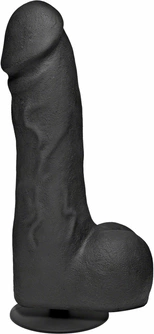 Realistyczne zakrzywione duże dildo do masturbacji wykonane z czarnego silikonu z jądrami i przyssawką Doc Johnson 25 cm