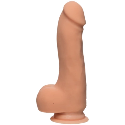 Realistyczne zakrzywione dildo do masturbacji wykonane z beżowego silikonu z jądrami i przyssawką Doc Johnson Master D 19 cm