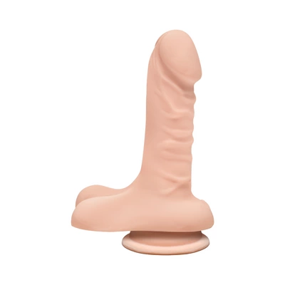 Super realistyczne dildo do masturbacji wykonane z beżowego silikonu z jądrami i przyssawką Doc Johnson 15 cm
