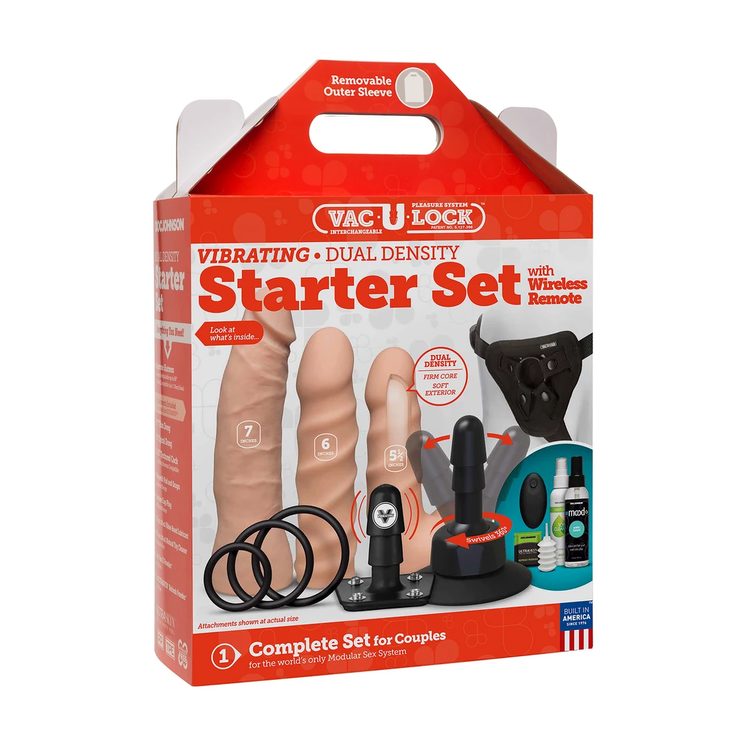 Zestaw wibratorów do masturbacji pochwy wykonany z silikonu w kolorze beżowym z pilotem + środki czyszczące Doc Johnson