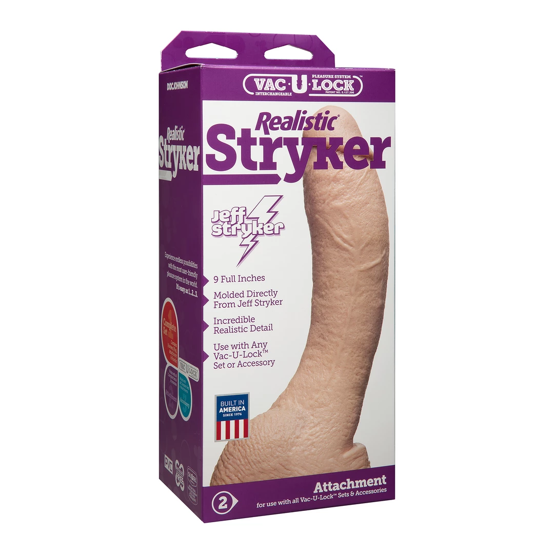 Realistyczne zakrzywione dildo do masturbacji wykonane z beżowego silikonu z jądrami Doc Johnson Stryker 25 cm