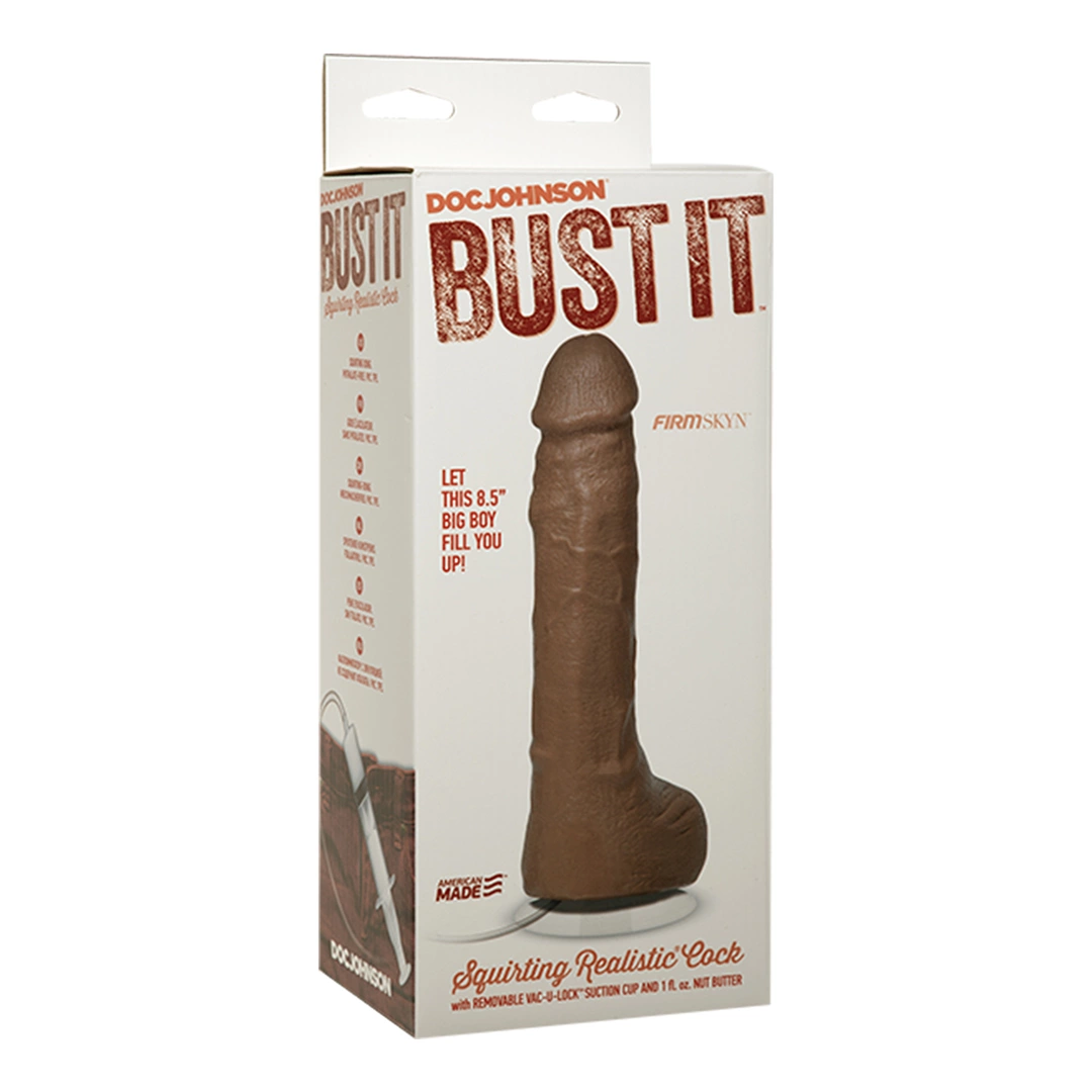 Realistyczne dildo tryskające spermą wykonane z brązowego silikonu Doc Johnson 30 ml