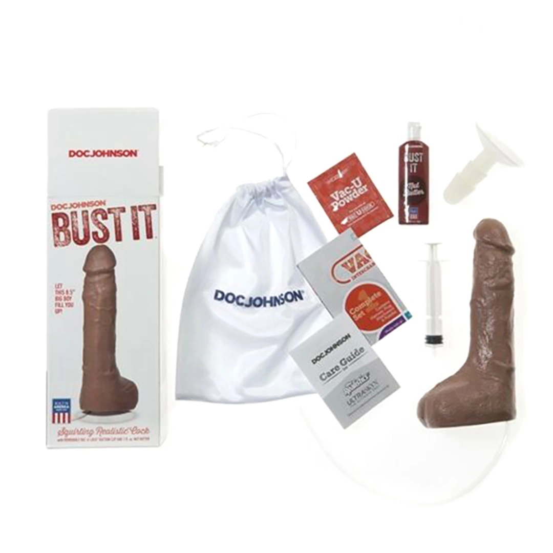Realistyczne dildo tryskające spermą wykonane z brązowego silikonu Doc Johnson 30 ml
