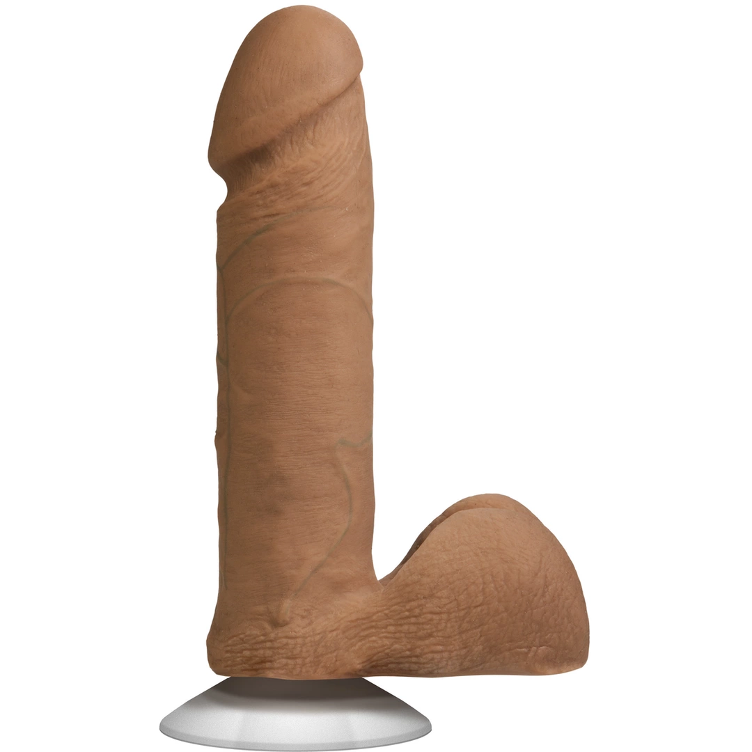 Realistyczne dildo do masturbacji wykonane z brązowego silikonu z jądrami Doc Johnson Ultraskyn