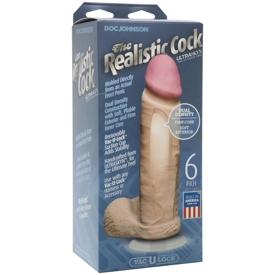 Realistyczne dildo do masturbacji wykonane z beżowego silikonu z jądrami i przyssawką Doc Johnson 16 cm