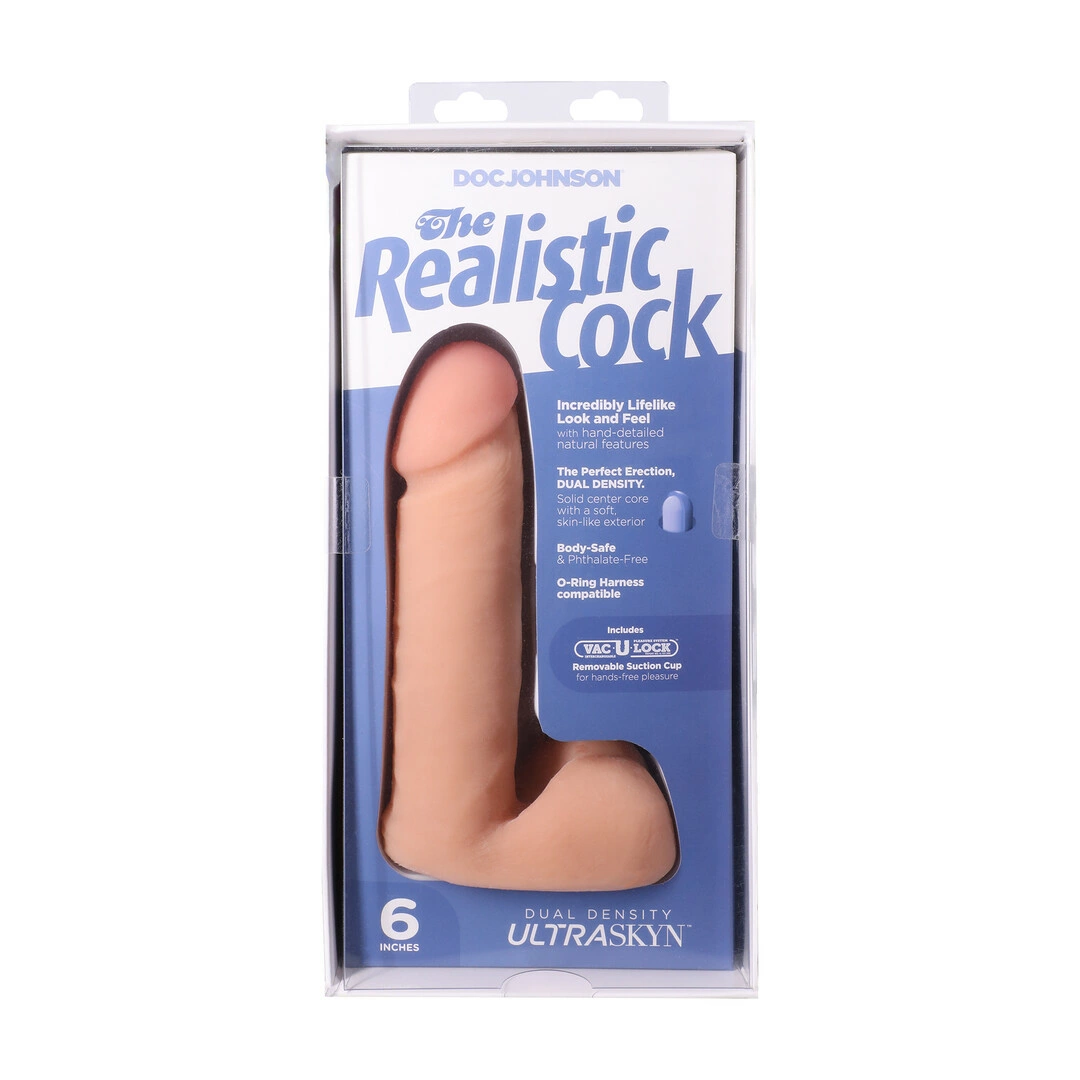 Realistyczne dildo do masturbacji wykonane z beżowego silikonu z jądrami i przyssawką Doc Johnson 16 cm