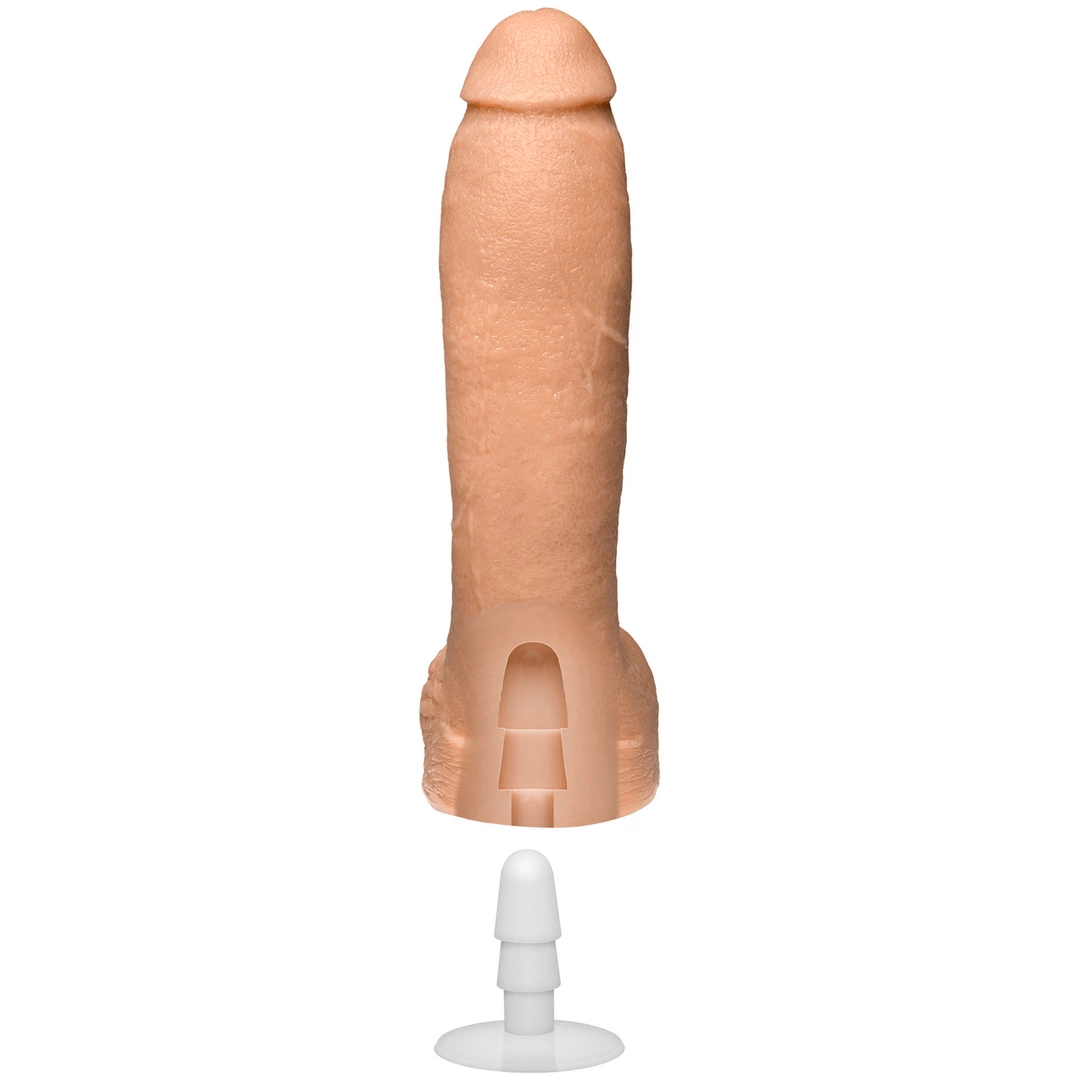 Realistyczne zakrzywione dildo do masturbacji wykonane z beżowego silikonu z jądrami i przyssawką Doc Johnson Jeff Stryker 24 cm