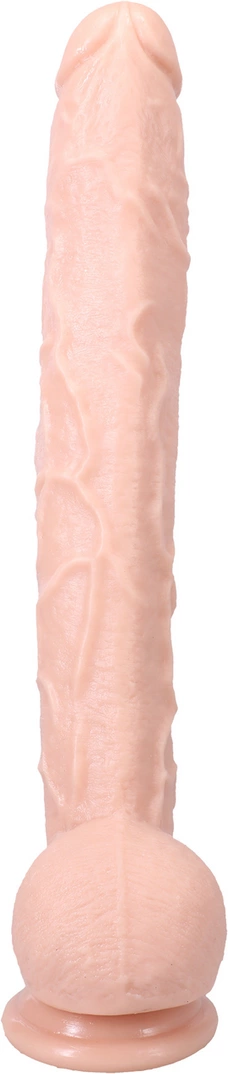 Realistyczne zakrzywione dildo do masturbacji wykonane z beżowego silikonu z przyssawką Doc Johnson 42 cm