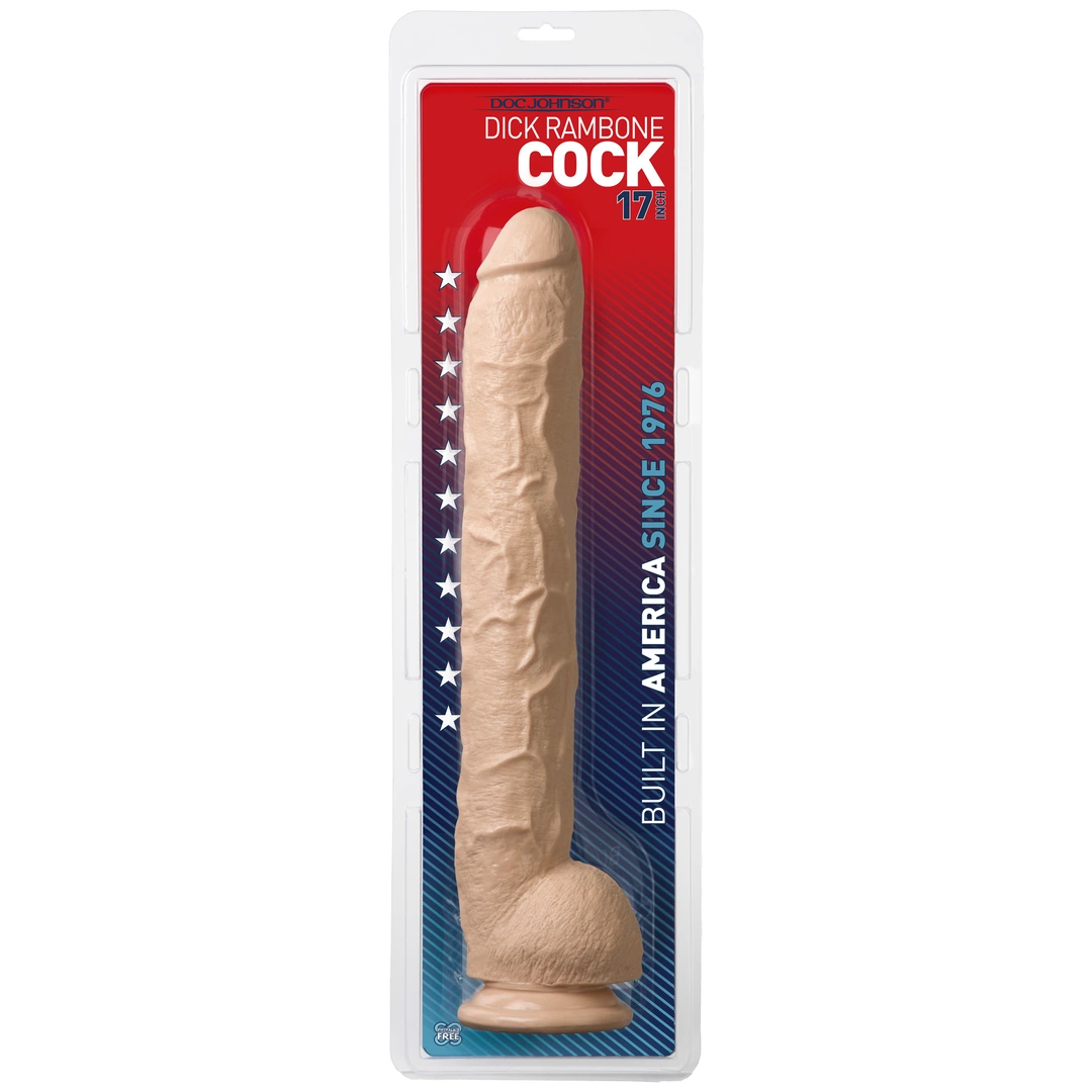 Realistyczne zakrzywione dildo do masturbacji wykonane z beżowego silikonu z przyssawką Doc Johnson 42 cm