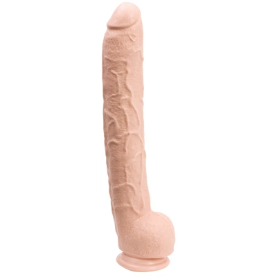 Realistyczne zakrzywione dildo do masturbacji wykonane z beżowego silikonu z przyssawką Doc Johnson 42 cm