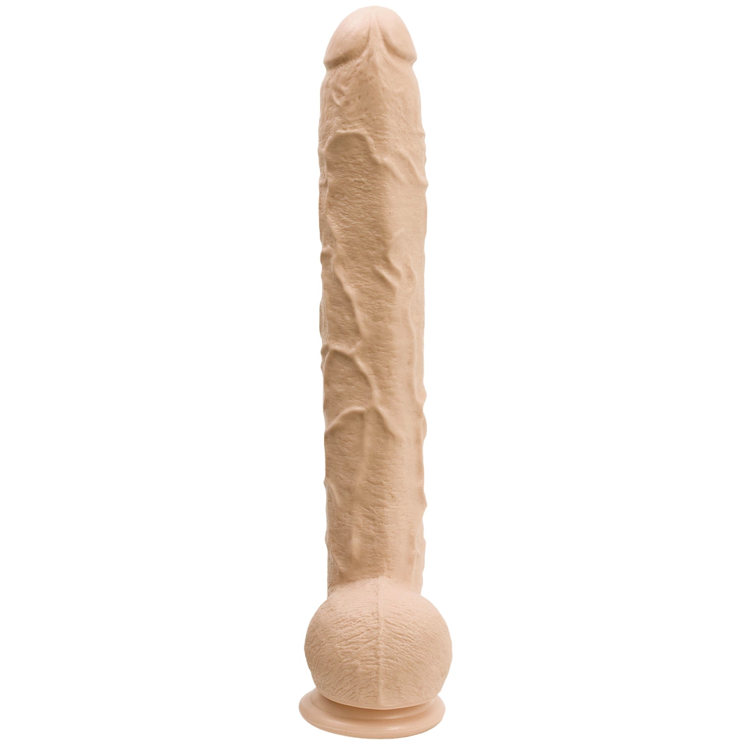 Realistyczne zakrzywione dildo do masturbacji wykonane z beżowego silikonu z przyssawką Doc Johnson 42 cm