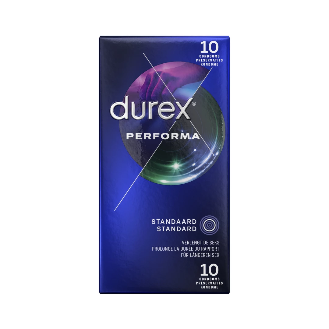 Prezerwatywy gładkie lateksowe przezroczyste do seksu waginalnego i analnego z opóźnionym męskim orgazmem Durex Performa 10 szt