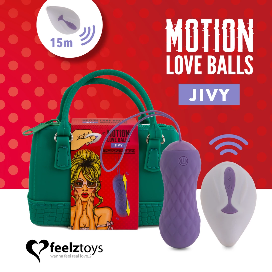 Wibrująca kulka gejszy wykonana z silikonu w kolorze fioletowym z pilotem w kolorze białym FeelzToys Motion Love Balls