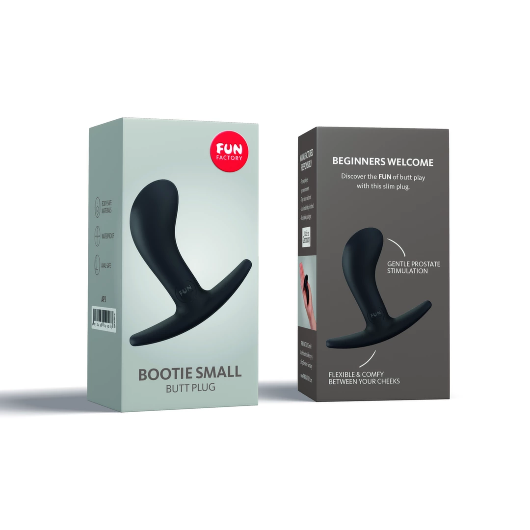 Korek analny zakrzywiony wykonany z czarnego silikonu mały rozmiar Fun Factory Bootie Small 