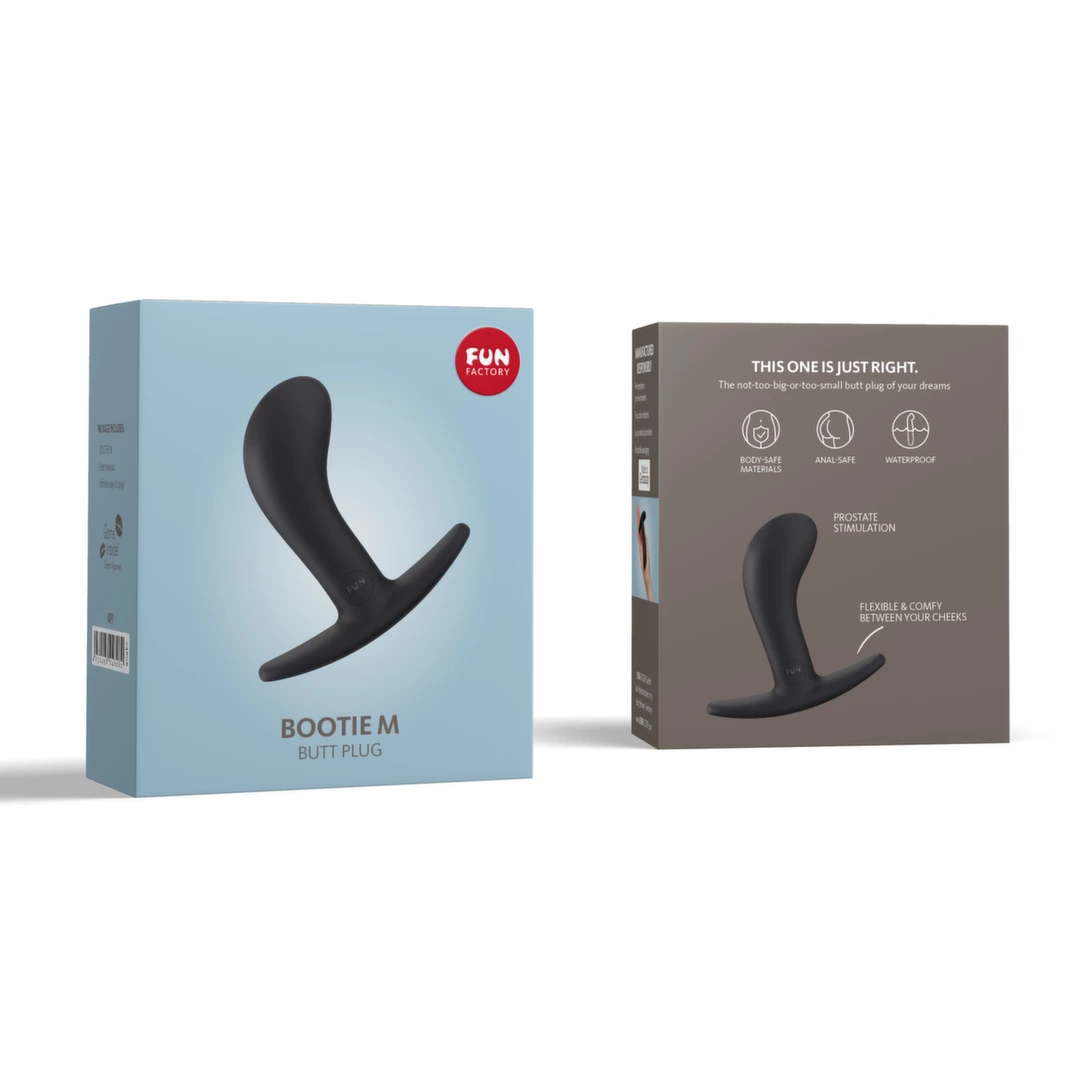 Korek analny zakrzywiony wykonany z czarnego silikonu średniej wielkości Fun Factory Bootie 