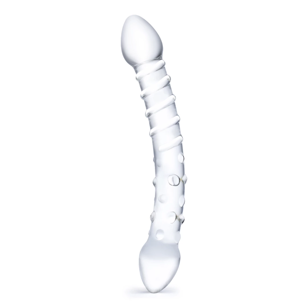 Penis szklany do masturbacji przezroczysty zakrzywiony z wybrzuszeniami Glas Double Trouble