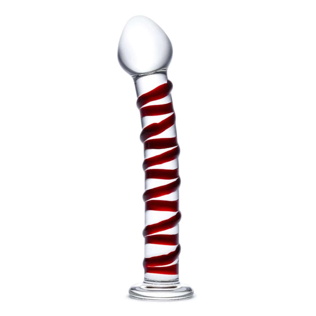 Podwójny penis szklany do masturbacji przezroczysty zakrzywiony z czerwonymi wybrzuszeniami Glas Mr Swirly