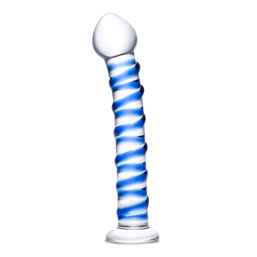 Penis szklany do masturbacji przezroczysty zakrzywiony z niebieskimi wybrzuszeniami Glas Blue Spiral