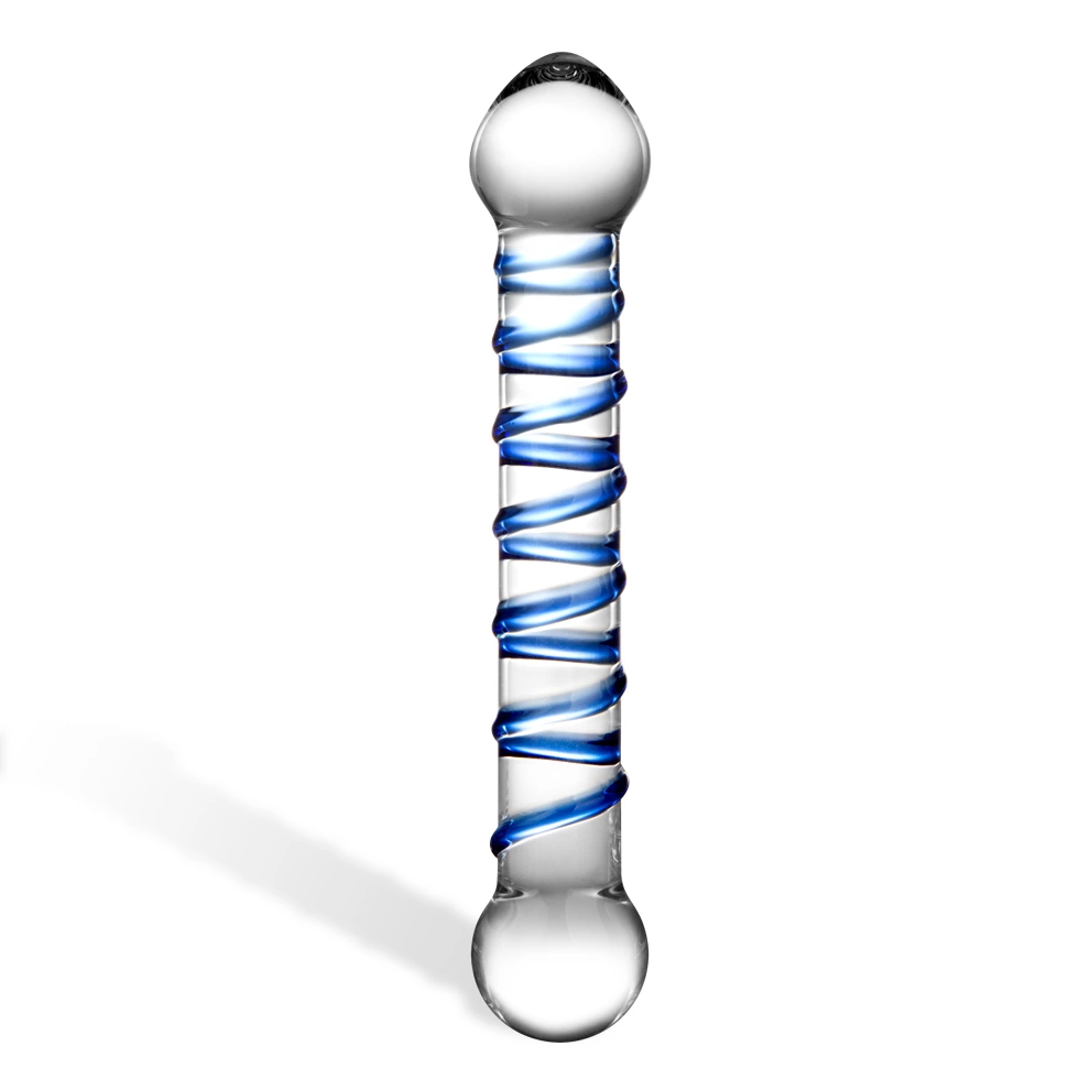 Penis szklany do masturbacji przezroczysty zakrzywiony z niebieskimi wybrzuszeniami Glas Spiral