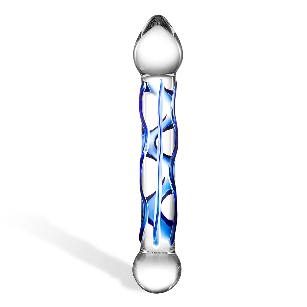 Penis szklany do masturbacji przezroczysty zakrzywiony z niebieskimi wybrzuszeniami Glas Full Tip