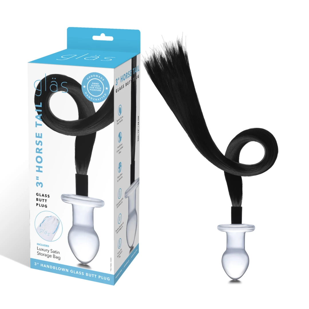 Korek analny wykonany z przezroczystego szkła z czarnym końskim ogonem Glas Horse Tail