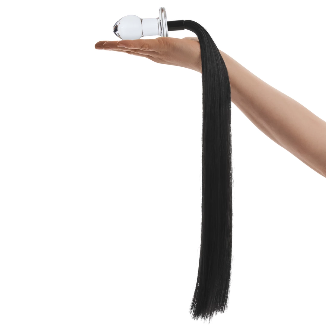 Korek analny wykonany z przezroczystego szkła z czarnym końskim ogonem Glas Horse Tail