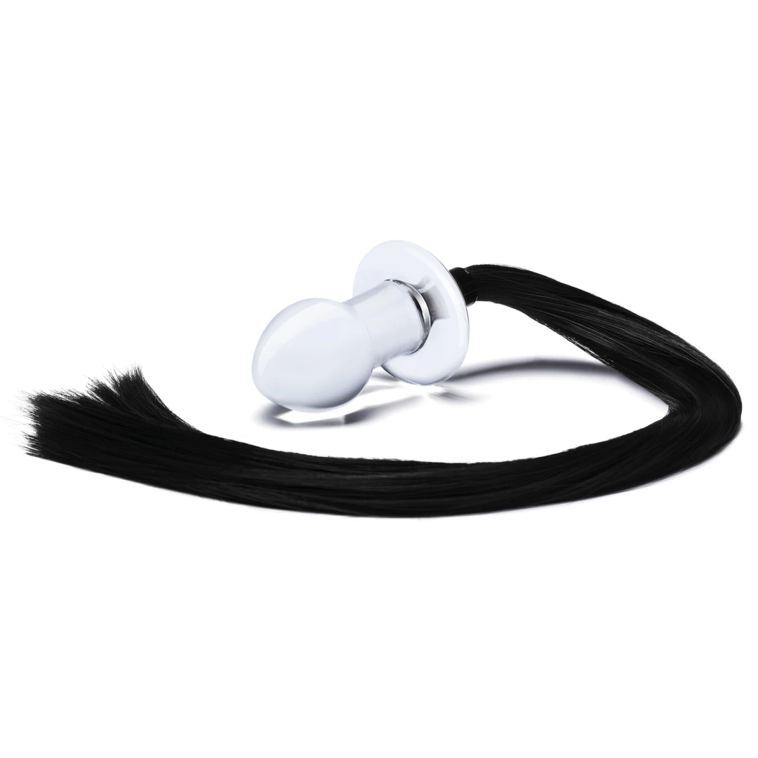 Korek analny wykonany z przezroczystego szkła z czarnym końskim ogonem Glas Horse Tail