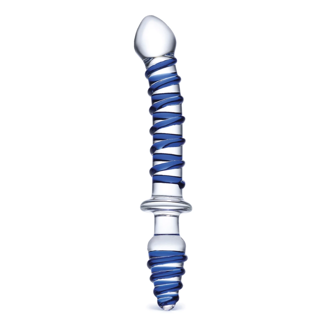 Penis szklany do masturbacji przezroczysty zakrzywiony z niebieskimi wybrzuszeniami Glas Mr Swirly