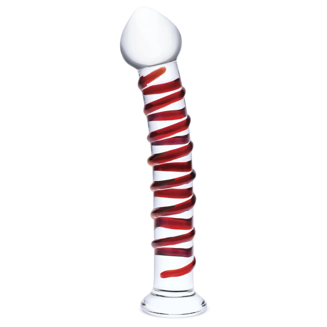 Penis szklany do masturbacji przezroczysty zakrzywiony z czerwonymi wybrzuszeniami Glas Mr Swirly 