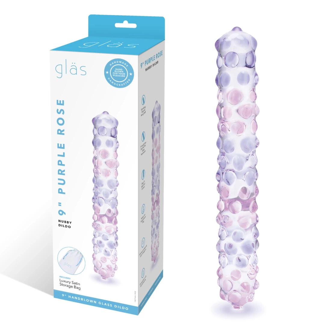 Szklane dildo do masturbacji z fioletowymi wybrzuszeniami Glas Purple Rose Nubby 23 cm