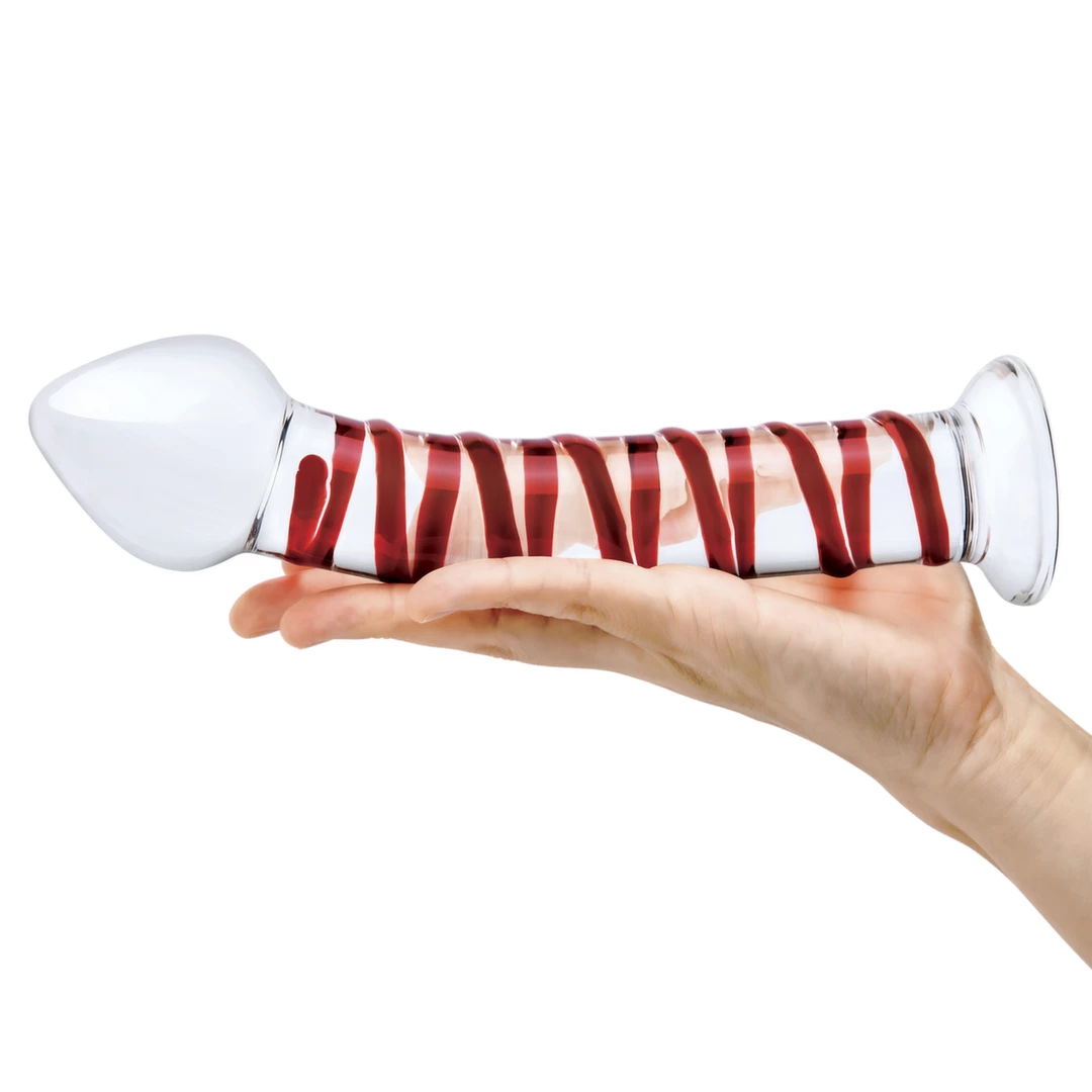 Szklane dildo do masturbacji zakrzywione z czerwonymi wybrzuszeniami Glas Mr. Swirly 20 cm