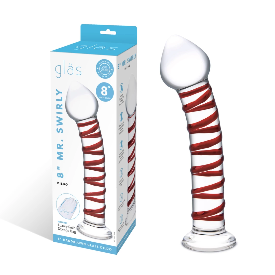 Szklane dildo do masturbacji zakrzywione z czerwonymi wybrzuszeniami Glas Mr. Swirly 20 cm