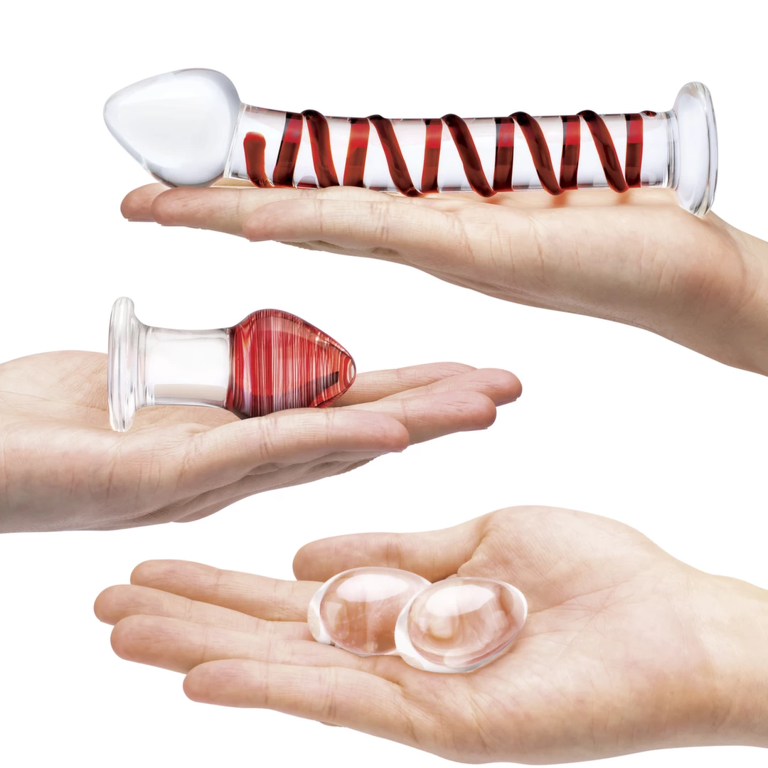 Szklane dildo korek analny i jajeczka z czerwonymi wybrzuszeniami Glas Mr. Swirly
