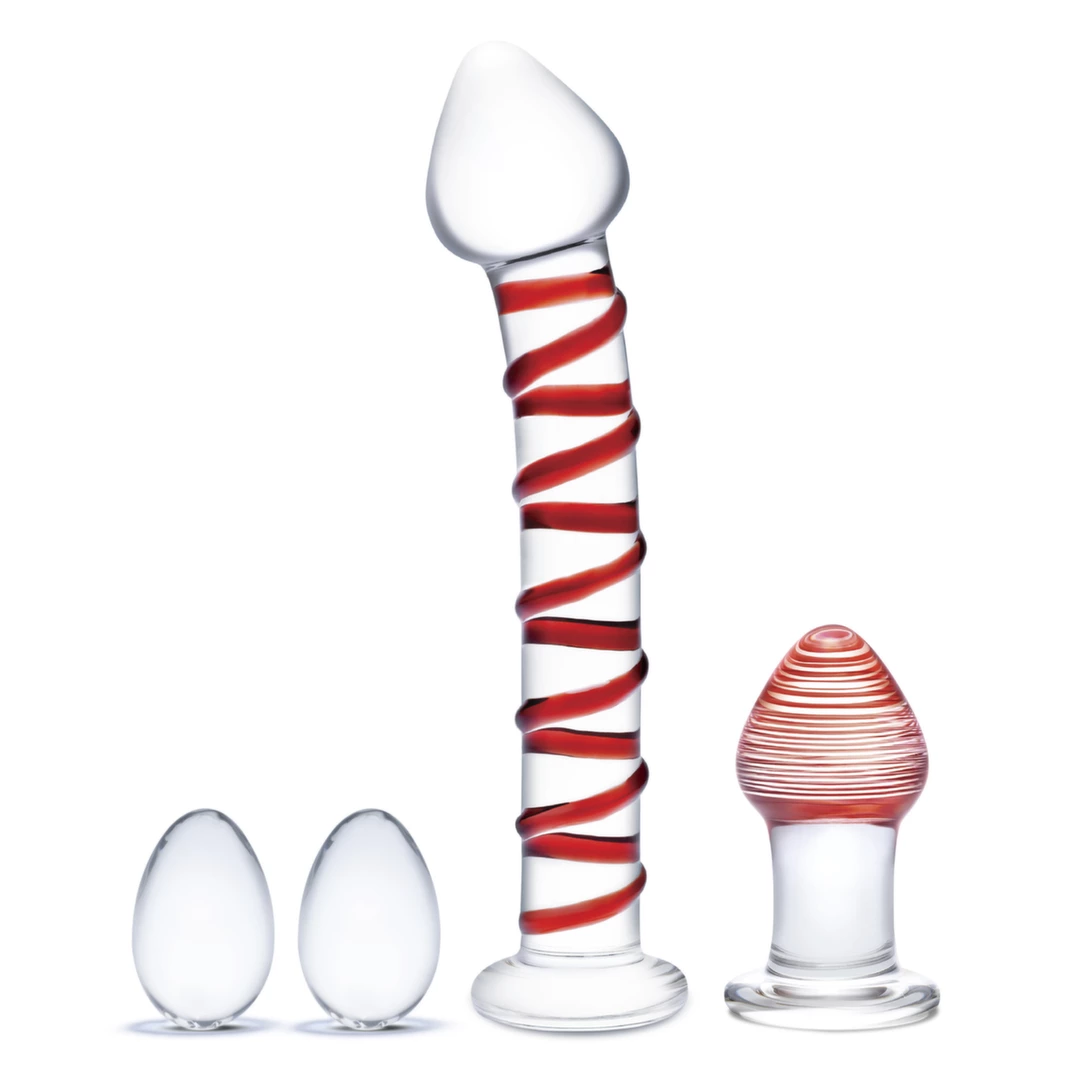 Szklane dildo korek analny i jajeczka z czerwonymi wybrzuszeniami Glas Mr. Swirly